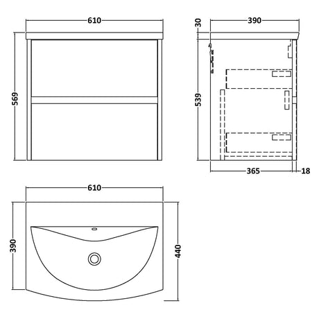 Nuie Havana 600mm Wall Hung 2 Drawer Vanity Unit & Basin Graphite Grey HAV2204G LD