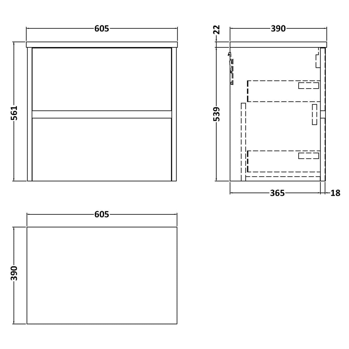 Nuie Havana 600mm Wall Hung 2 Drawer Countertop Vanity Unit Graphite Grey HAV2204LCM LD