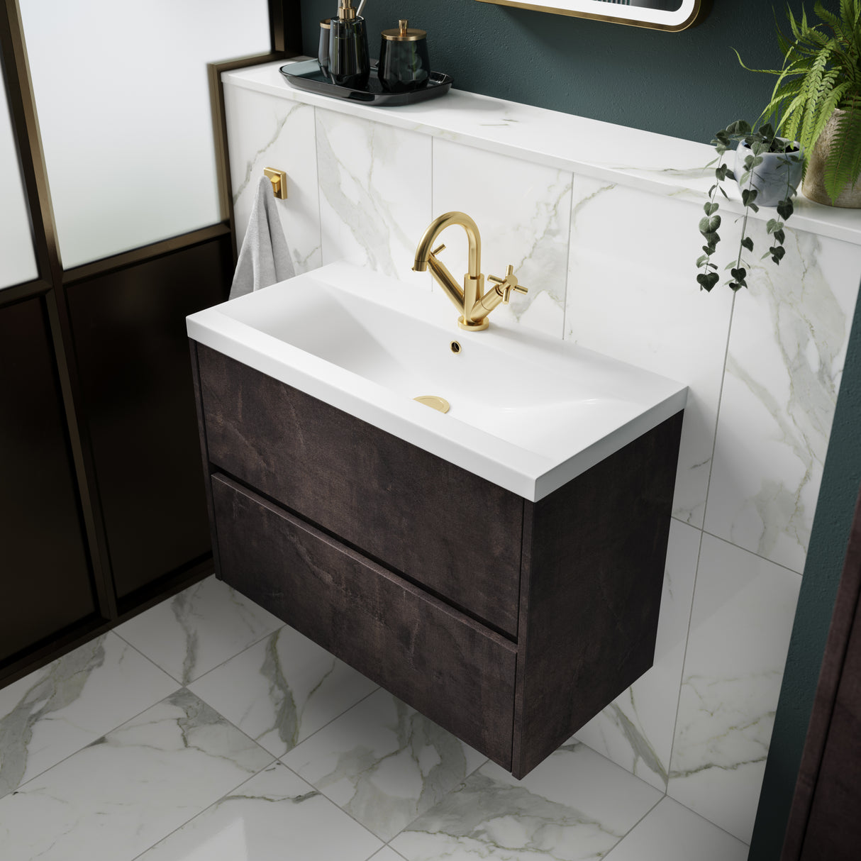Nuie Havana 800mm Wall Hung 2 Drawer Vanity Unit & Basin Metallic Slate HAV2606A LS