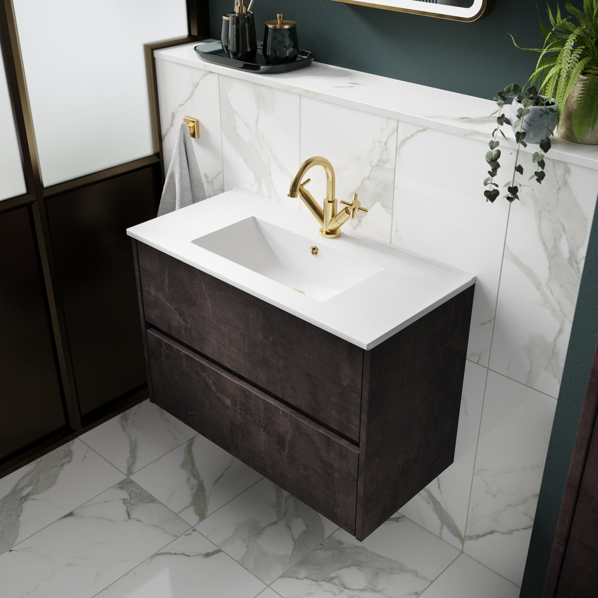 Nuie Havana 800mm Wall Hung 2 Drawer Vanity Unit & Basin Metallic Slate HAV2606B LS