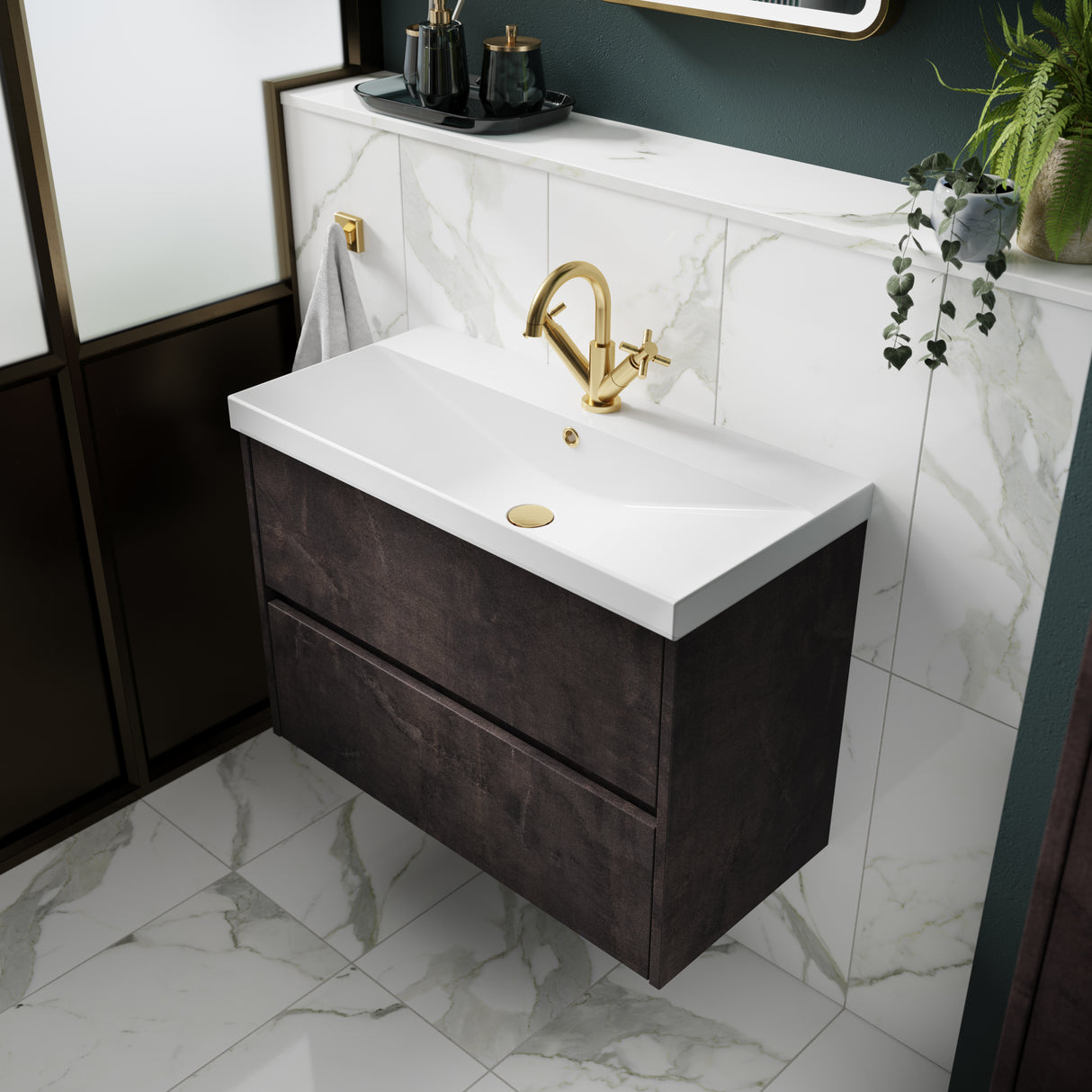Nuie Havana 800mm Wall Hung 2 Drawer Vanity Unit & Basin Metallic Slate HAV2606D LS