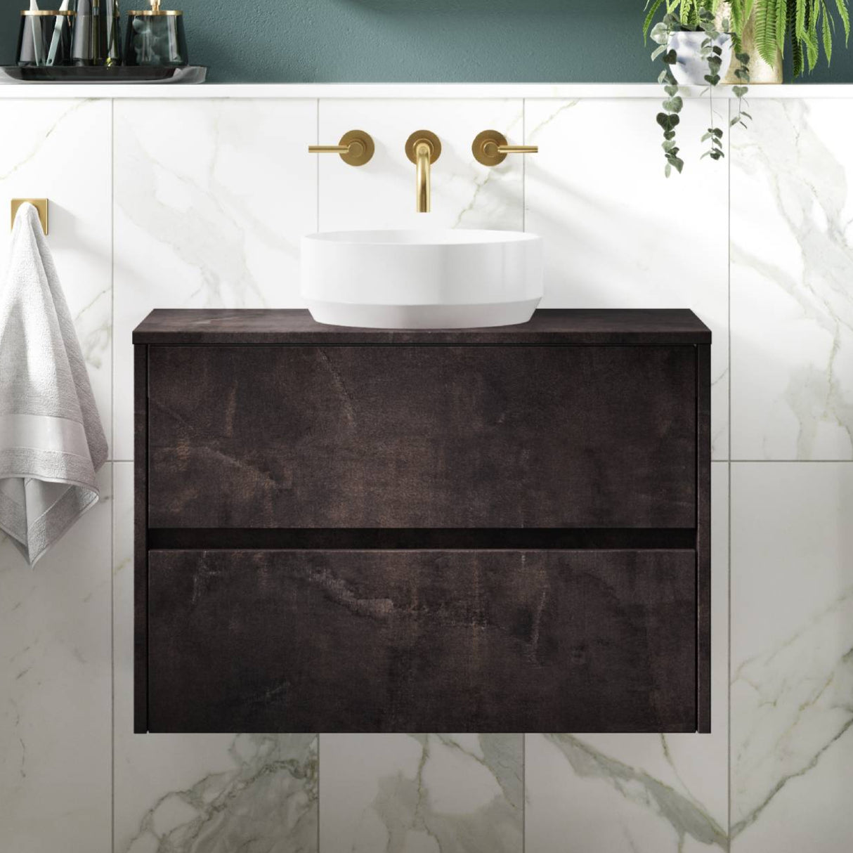Nuie Havana 600mm Wall Hung 2 Drawer Countertop Vanity Unit Metallic Slate HAV2604W LS1