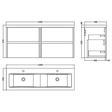 Nuie Havana 1200mm Wall Hung 4 Drawer Vanity Unit & Double Basin Midnight Blue HAV2904F LD