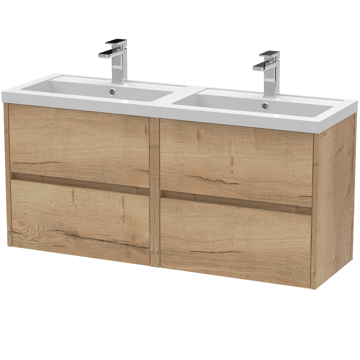 Nuie Havana 1200mm Wall Hung 4 Drawer Vanity Unit & Double Basin Autumn Oak HAV804C