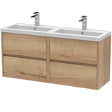 Nuie Havana 1200mm Wall Hung 4 Drawer Vanity Unit & Double Basin Autumn Oak HAV804C