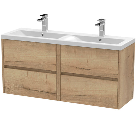 Nuie Havana 1200mm Wall Hung 4 Drawer Vanity Unit & Double Basin Autumn Oak HAV804F