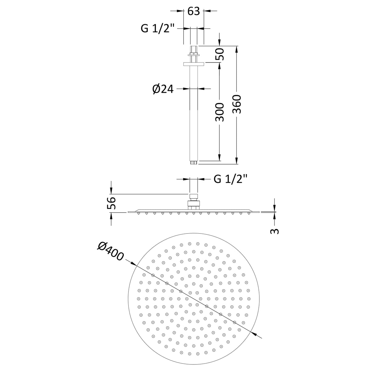 Hudson Reed Round Fixed Head Shower & Ceiling Arm 400mm Dia. Chrome HEAD46A LD