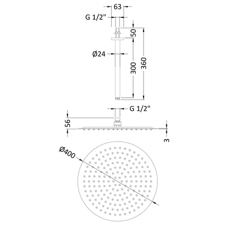 Hudson Reed Round Fixed Head Shower & Ceiling Arm 400mm Dia. Chrome HEAD46A LD