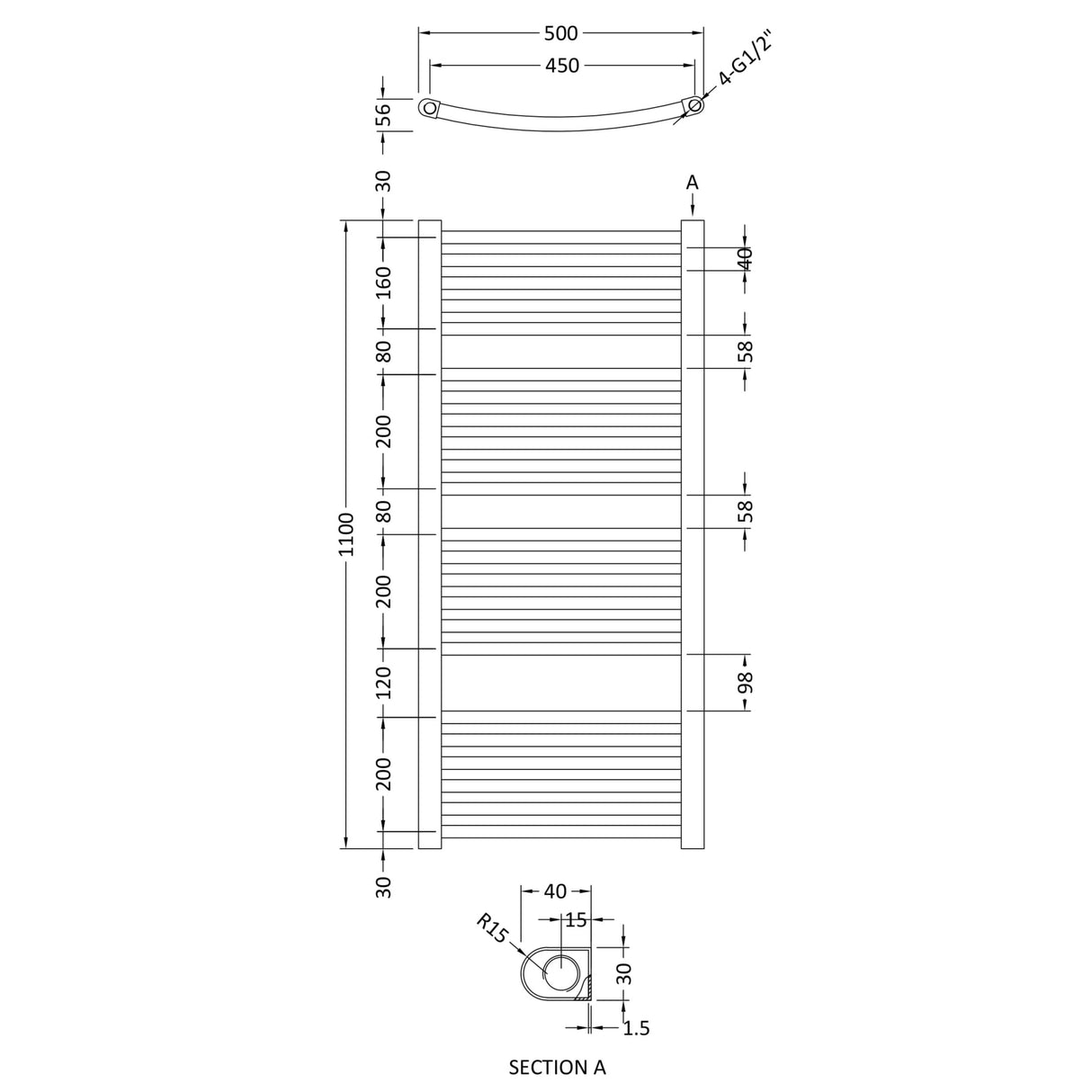 Nuie Bridge Curved Ladder Heated Towel Rail Chrome W500mm HK386 LD