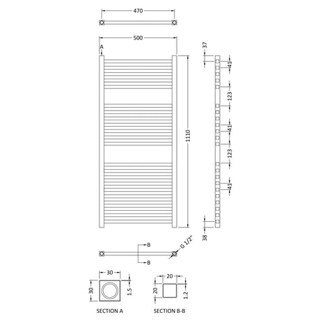 Nuie Ladder Electric Heated Towel Rail - 22 Square Rails - H1110 x W500mm Chrome HL151 LD