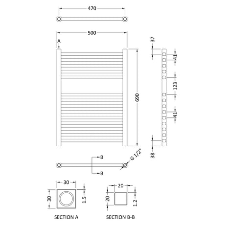 Nuie Ladder Electric Heated Towel Rail - 14 Square Rails - H690 x W500mm Anthracite HL152 LD