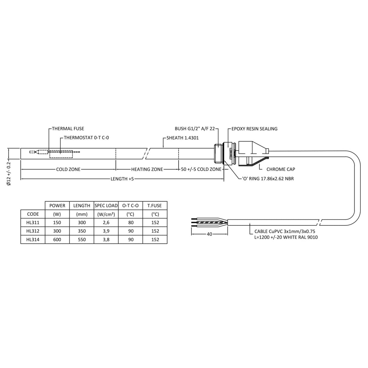 Nuie Heating Element 300 Watts Chrome HL312 LD