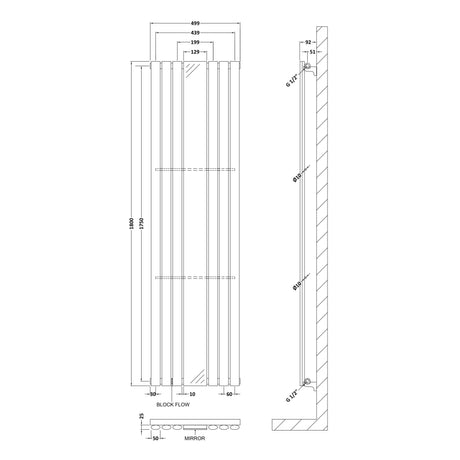 Nuie Revive Designer Vertical Single Panel Radiator With Mirror H1800 x W499mm Gloss White HL330 LD