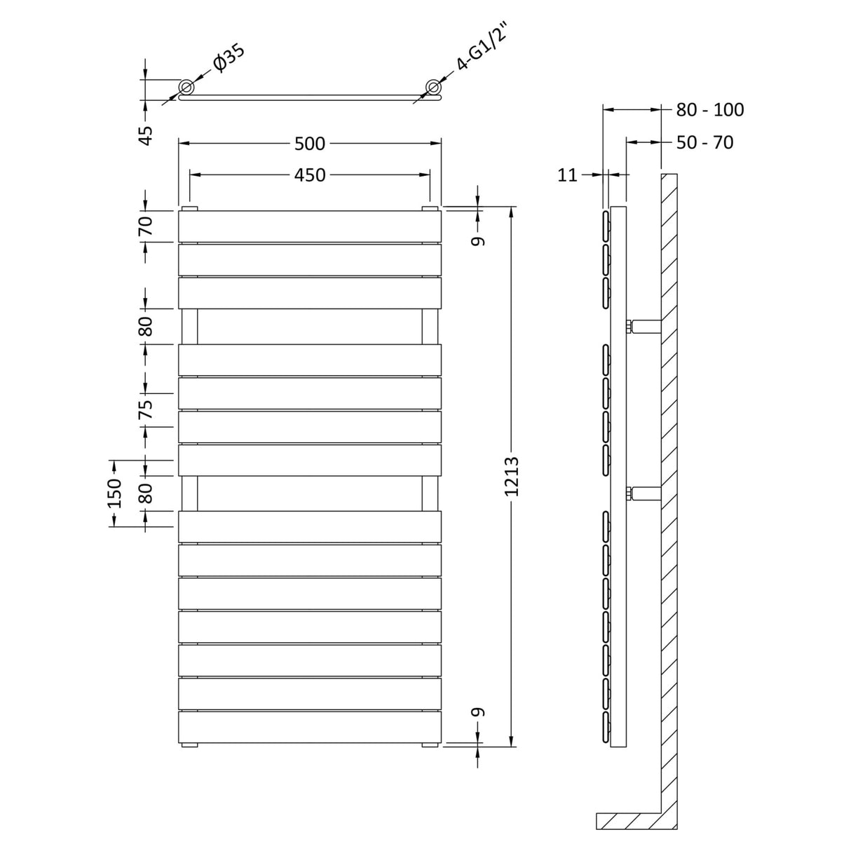 Nuie Piazza Vertical Heated Towel Rail With 14 Flat Panels H1213 x W500mm Chrome HL335 LD