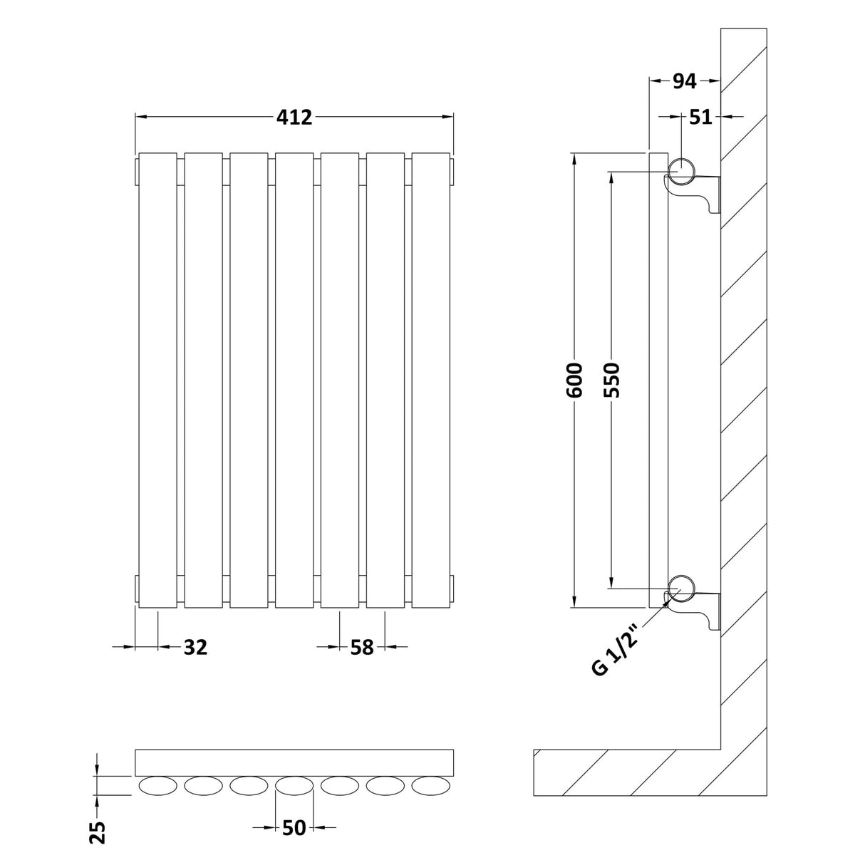 Nuie Revive Designer Horizontal Single Panel Radiator H600 x W412mm Gloss White HL337 LD
