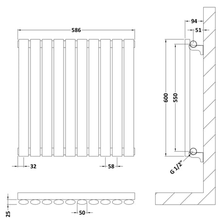 Nuie Revive Designer Horizontal Single Panel Radiator H600 x W586mm Gloss White HL338 LD