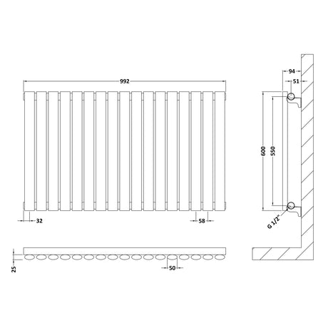 Nuie Revive Designer Horizontal Single Panel Radiator H600 x W992mm Gloss White HL339 LD