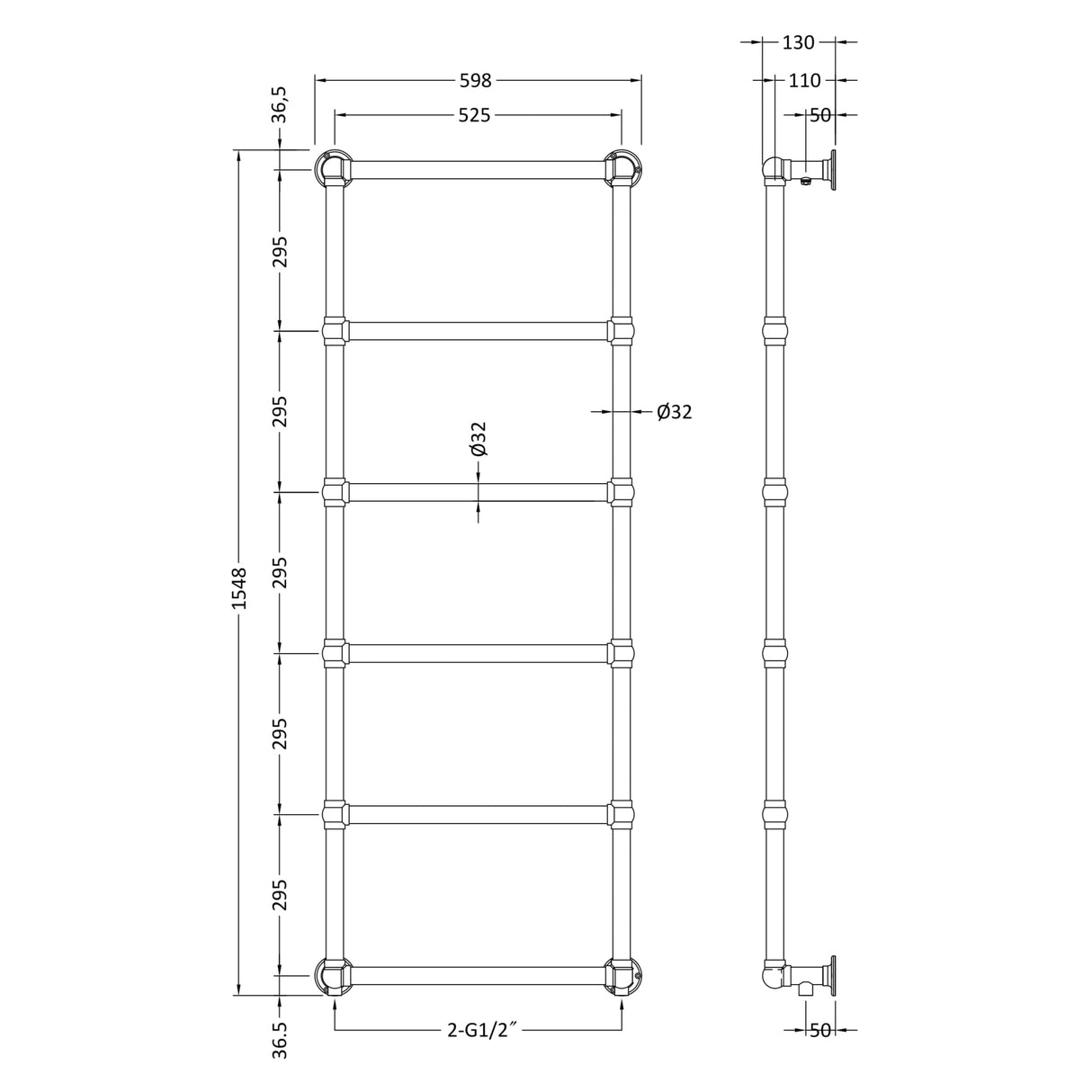 Hudson Reed Countess Wall Mounted Heated Towel Rail H1550 x W600mm Chrome HL354 LD