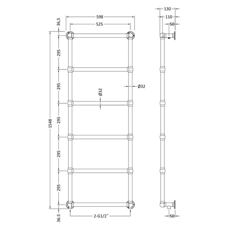 Hudson Reed Countess Wall Mounted Heated Towel Rail H1550 x W600mm Chrome HL354 LD
