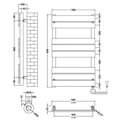 Nuie Flat Panel Electric Heated Towel Rail - 8 Panels - H840 x W500mm Chrome HL358 LD