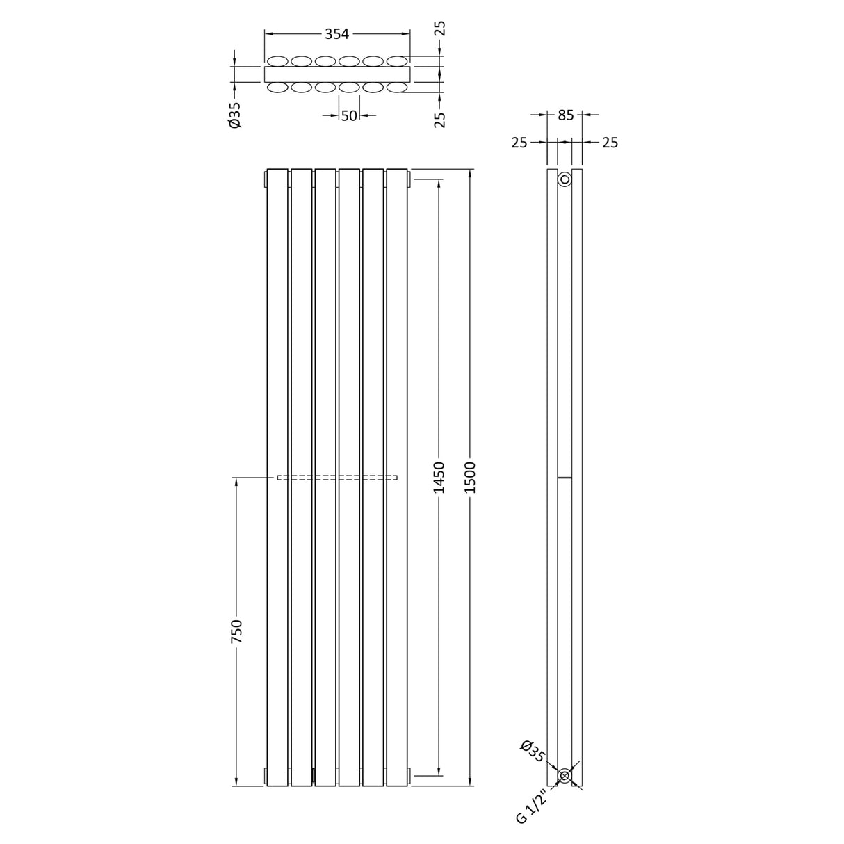 Nuie Revive Designer Vertical/Horizontal Double Panel Radiator H1500 x W354mm Gloss White HL368 LD