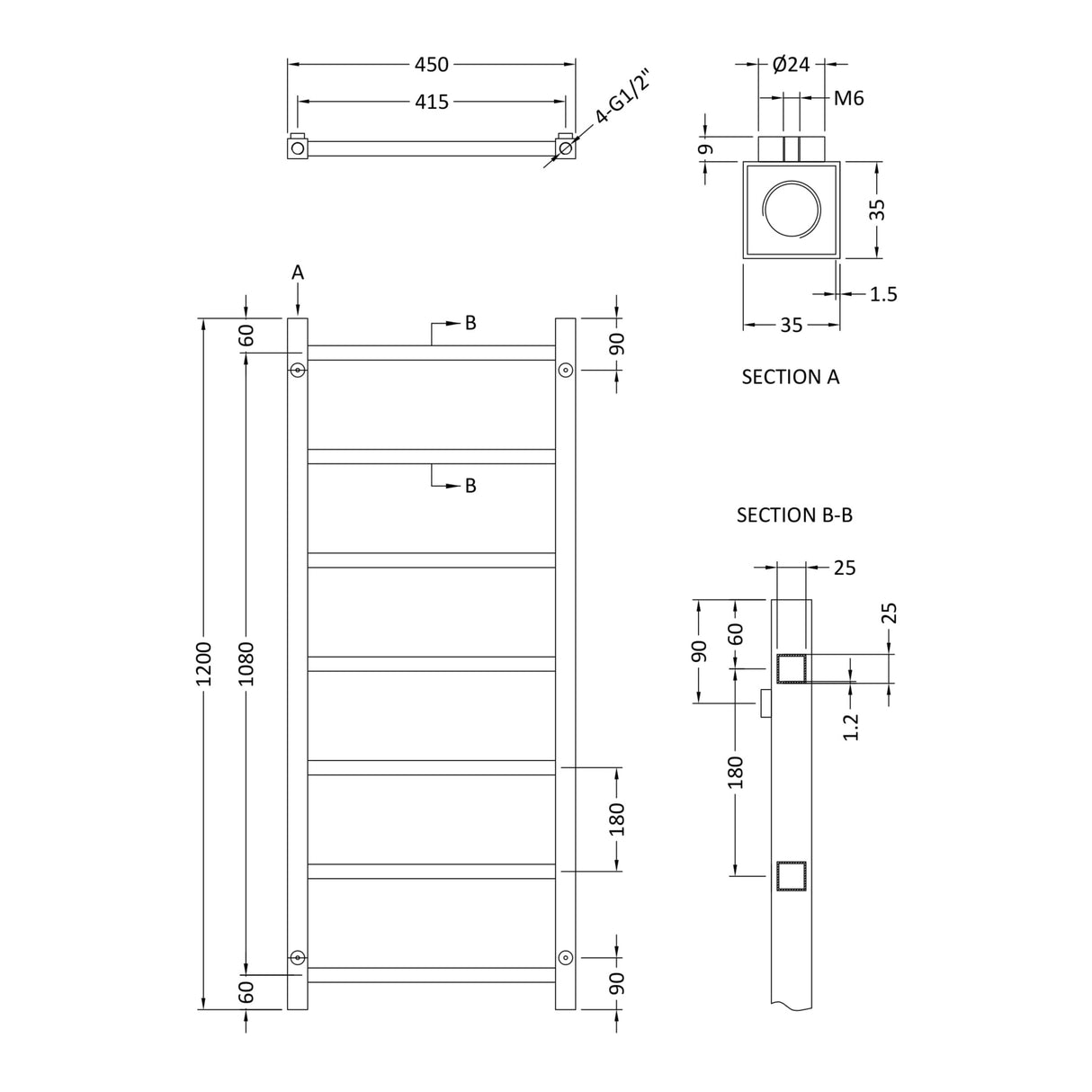 Nuie Eton Straight Heated Towel Rail With Square Tubes Chrome H1200mm HL375 LD