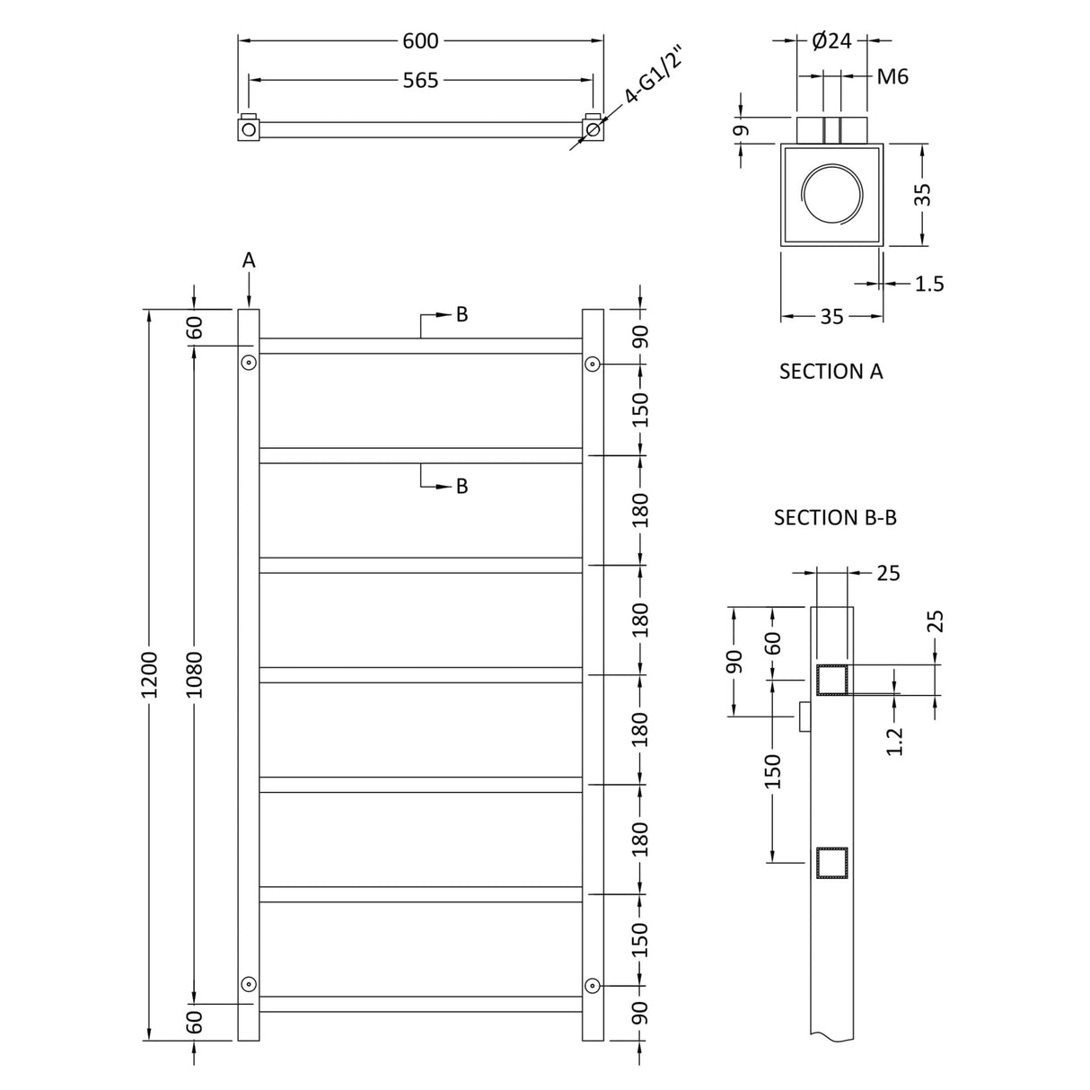 Nuie Eton Straight Heated Towel Rail With Square Tubes Chrome H1200mm HL376 LD