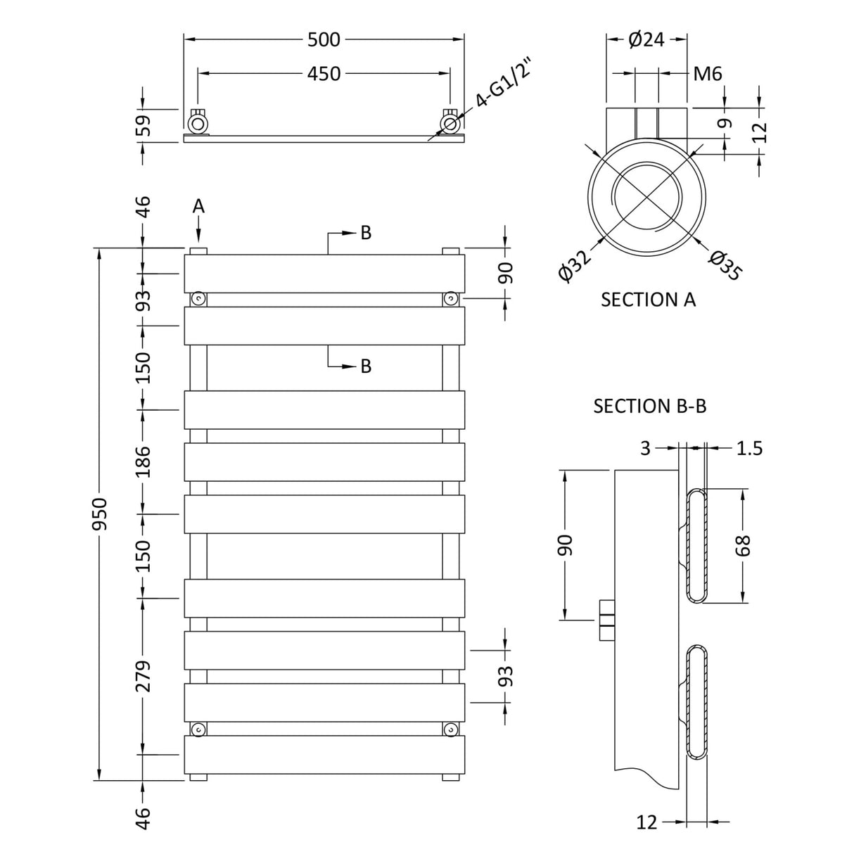 Nuie Piazza Vertical Heated Towel Rail With 9 Flat Panels Chrome H950 x W500mm HL382 LD