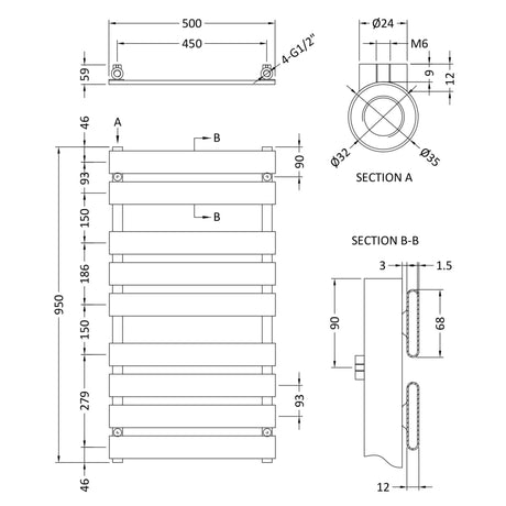 Nuie Piazza Vertical Heated Towel Rail With 9 Flat Panels Chrome H950 x W500mm HL382 LD
