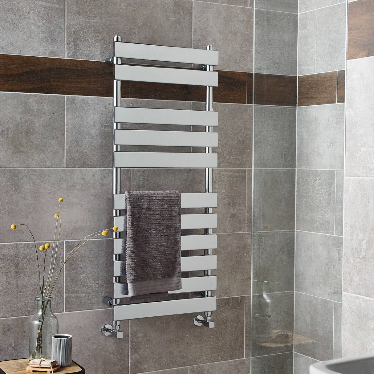 Nuie Piazza Vertical Heated Towel Rail With 11 Flat Panels Chrome H1200 x W500mm HL396 LS