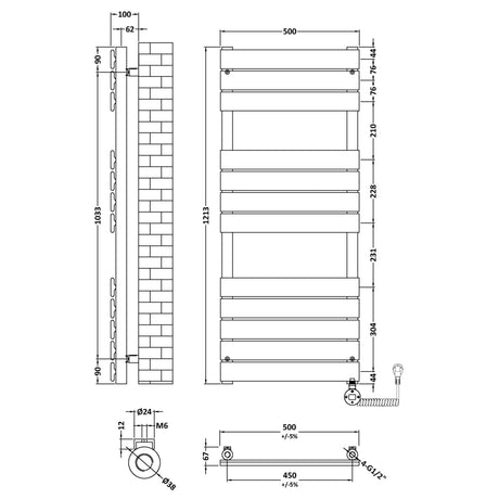 Nuie Flat Panel Electric Heated Towel Rail - 12 Panels - H1213 x W500mm Matt Black HL459 LD