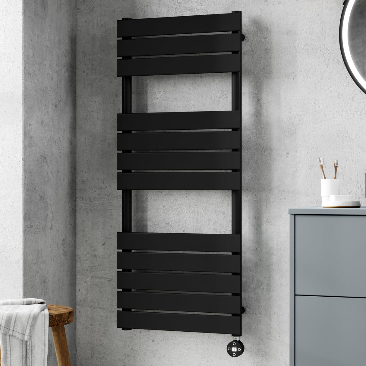 Nuie Flat Panel Electric Heated Towel Rail - 12 Panels - H1213 x W500mm Matt Black HL459 LS1