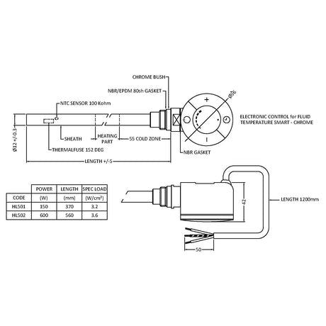 Nuie Thermostatic Heating Element 600 Watts - 2 Hour Booster - Chrome HL502 LD