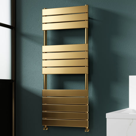Nuie Piazza Vertical Heated Towel Rail With 12 Flat Panels Brushed Brass H1213 x W500mm HL835 LS