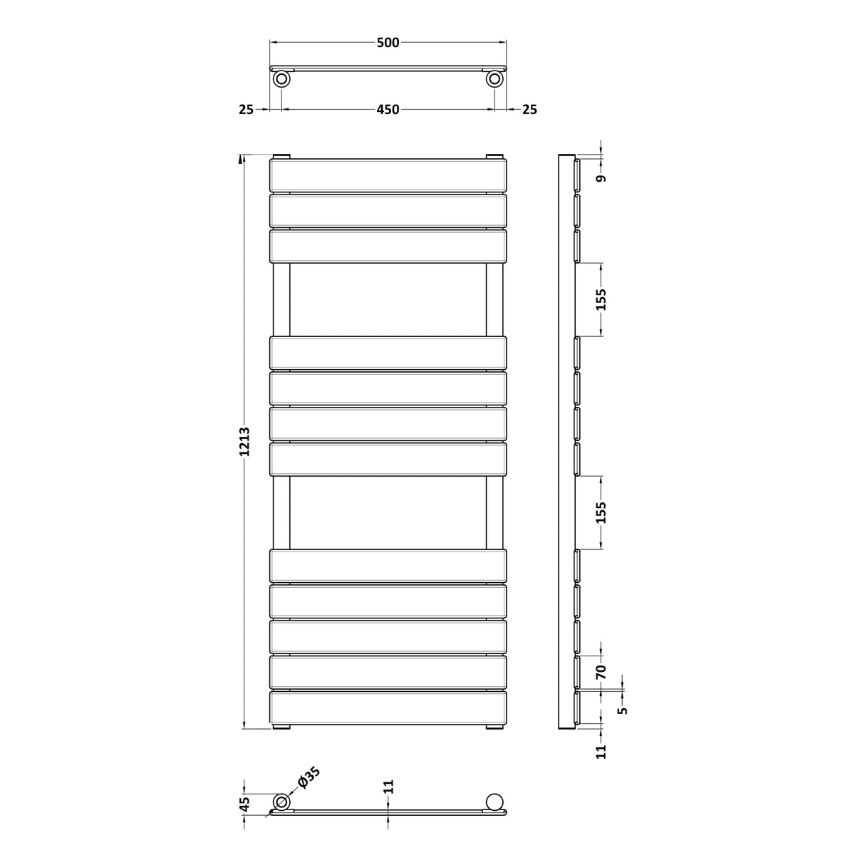 Nuie Piazza Vertical Heated Towel Rail With 12 Flat Panels Brushed Brass H1213 x W500mm HL835 LD