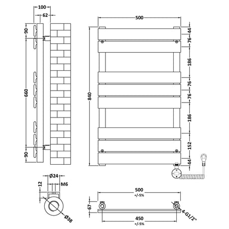 Nuie Flat Panel Electric Heated Towel Rail - 8 Panels - H840 x W500mm Brushed Brass HL858 LD