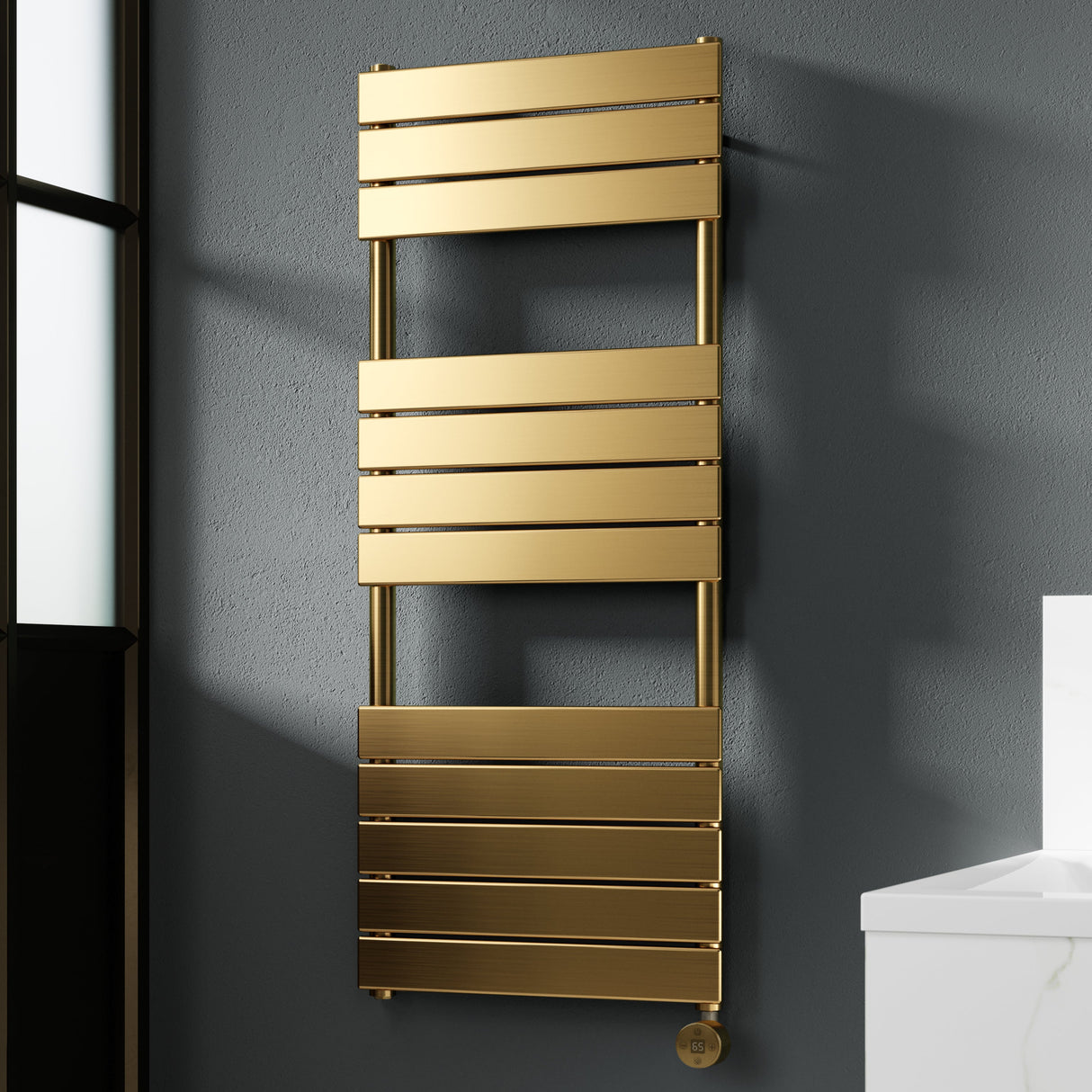 Nuie Flat Panel Electric Heated Towel Rail - 12 Panels - H1213 x W500mm Brushed Brass HL859 LS1