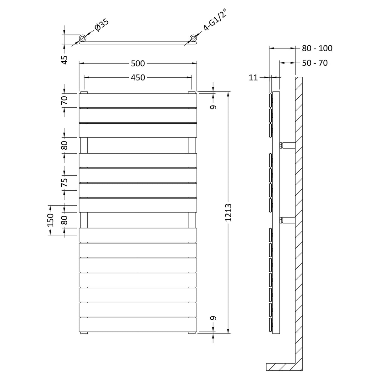 Nuie Piazza Vertical Heated Towel Rail With 14 Flat Panels H1213 x W500mm Anthracite HLA35 LD