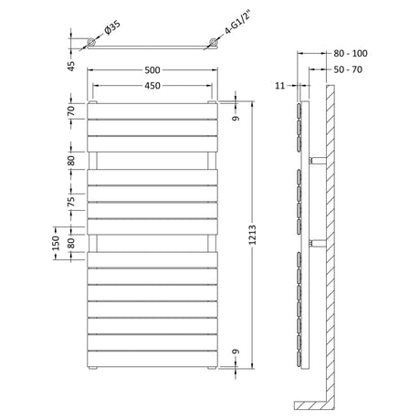 Nuie Piazza Vertical Heated Towel Rail With 14 Flat Panels H1213 x W500mm Anthracite HLA35 LD