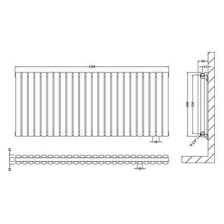 Nuie Revive Designer Horizontal Double Panel Radiator H600 x W1398mm Anthracite HLA40D LD