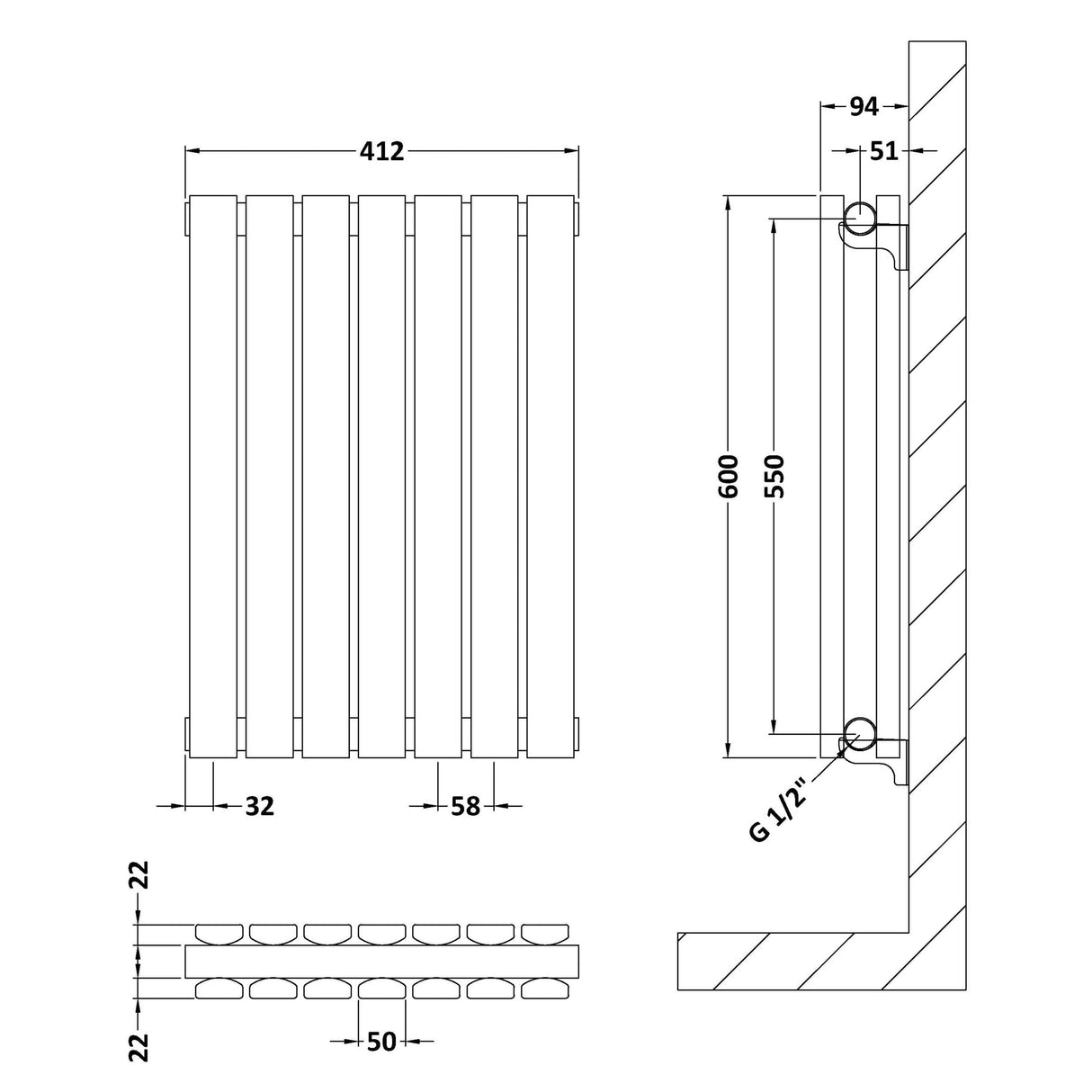 Nuie Sloane Designer Horizontal Double Panel Radiator H600 x W412mm Anthracite HLA54D LD