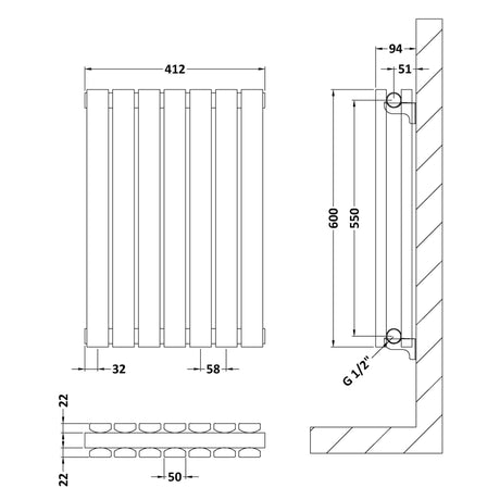 Nuie Sloane Designer Horizontal Double Panel Radiator H600 x W412mm Anthracite HLA54D LD