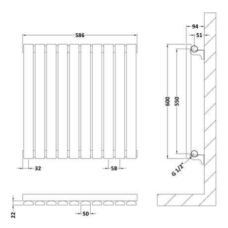 Nuie Sloane Designer Horizontal Single Panel Radiator H600 x W586mm Anthracite HLA55 LD