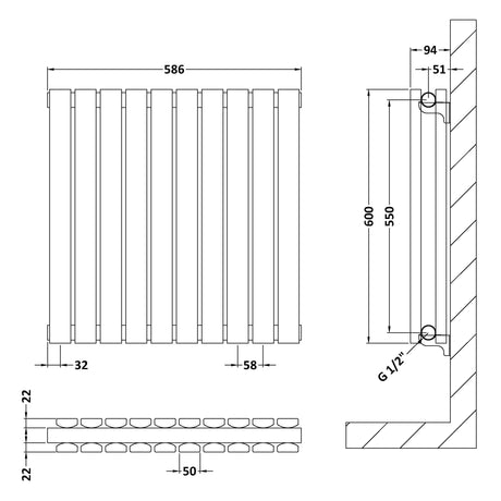 Nuie Sloane Designer Horizontal Double Panel Radiator H600 x W586mm Anthracite HLA55D LD