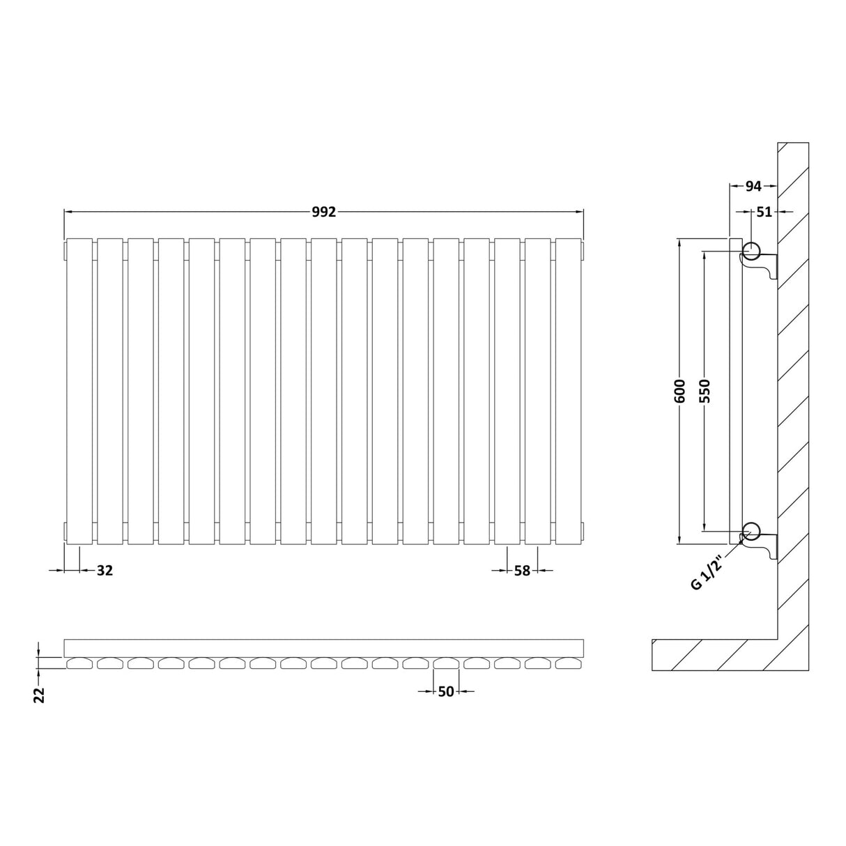 Nuie Sloane Designer Horizontal Single Panel Radiator H600 x W992mm Anthracite HLA56 LD