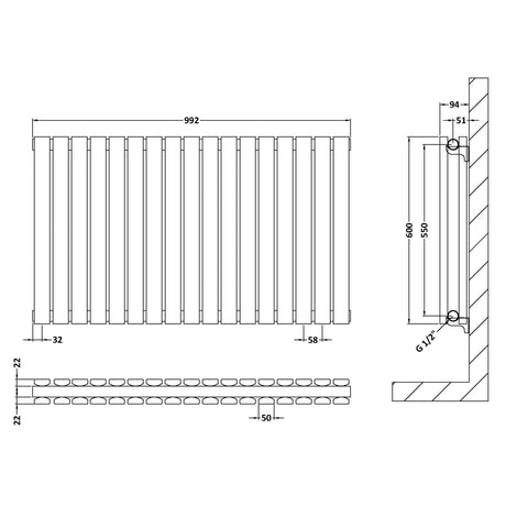 Nuie Sloane Designer Horizontal Double Panel Radiator H600 x W992mm Anthracite HLA56D LD