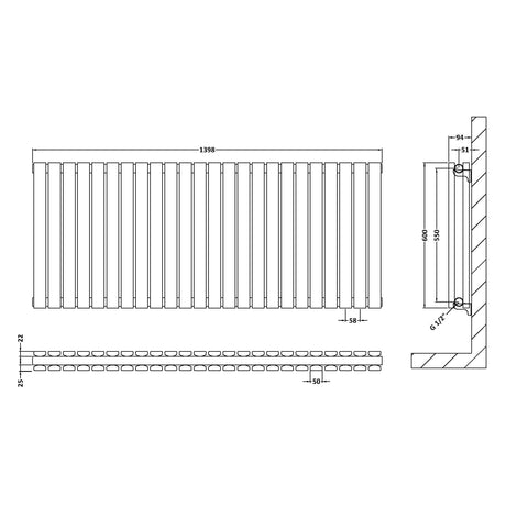 Nuie Sloane Designer Horizontal Double Panel Radiator H600 x W1398mm Anthracite HLA59D LD