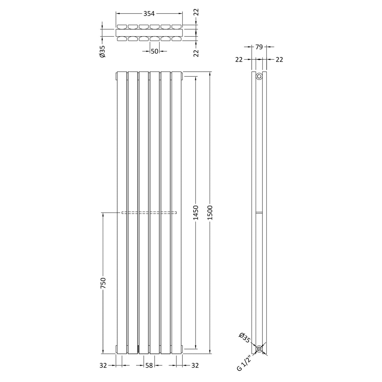 Nuie Sloane Designer Vertical Double Panel Radiator H1500 x W354mm Anthracite HLA73 LD