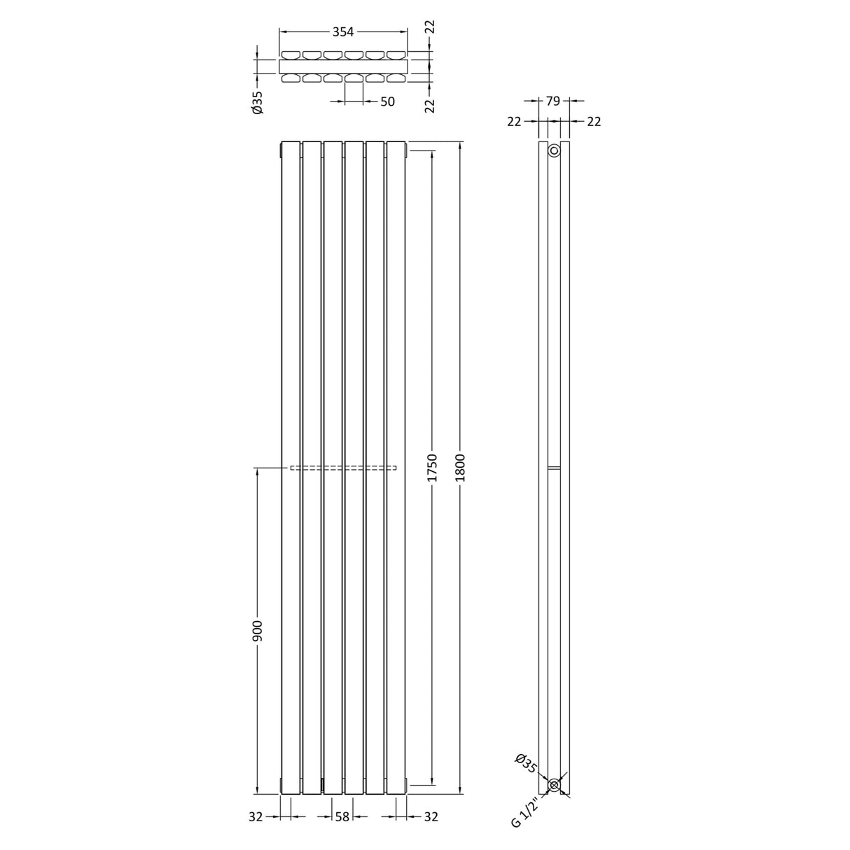 Nuie Sloane Designer Vertical Double Panel Radiator H1800 x W354mm Anthracite HLA74 LD