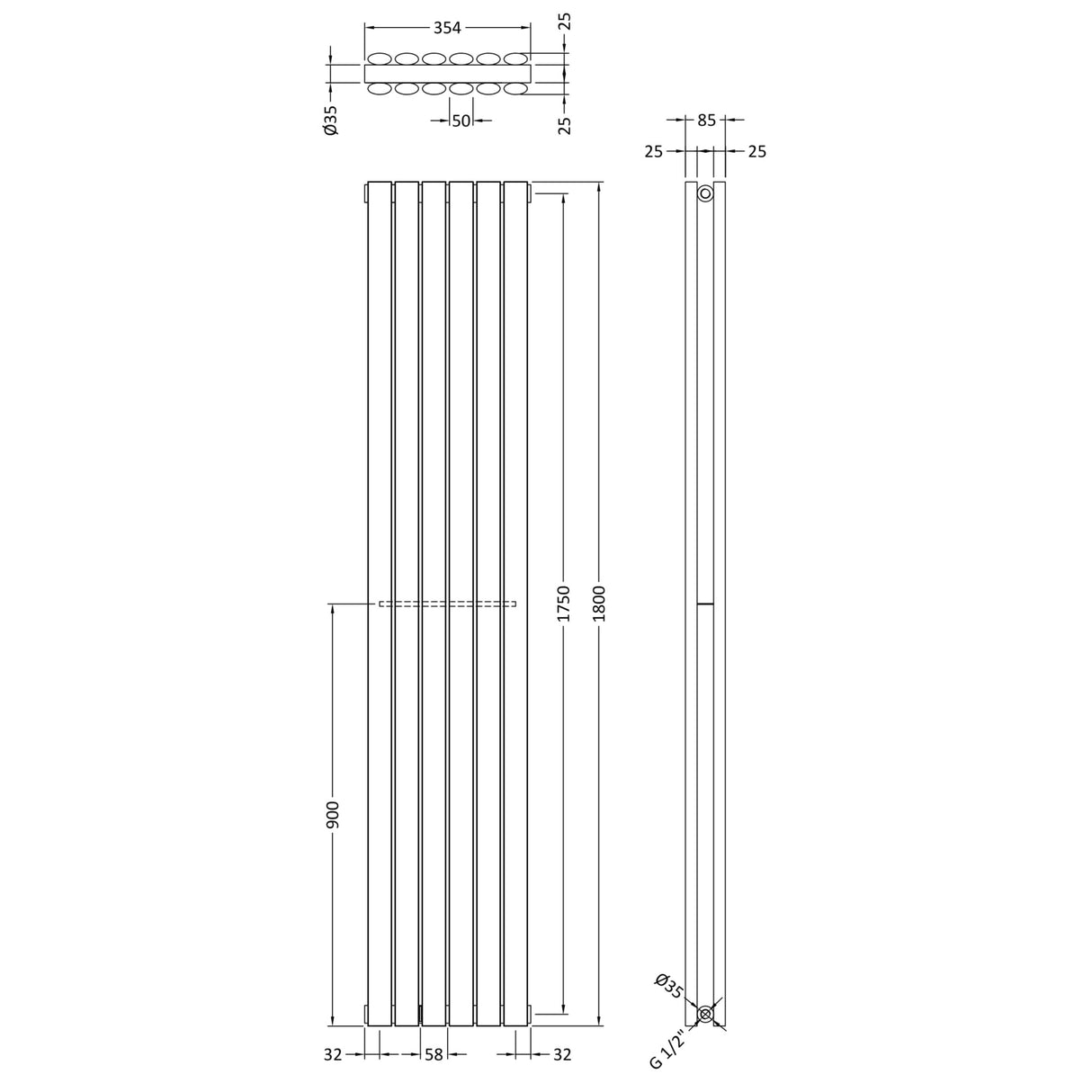Nuie Revive Designer Vertical/Horizontal Double Panel Radiator H1800 x W354mm Anthracite HLA77 LD